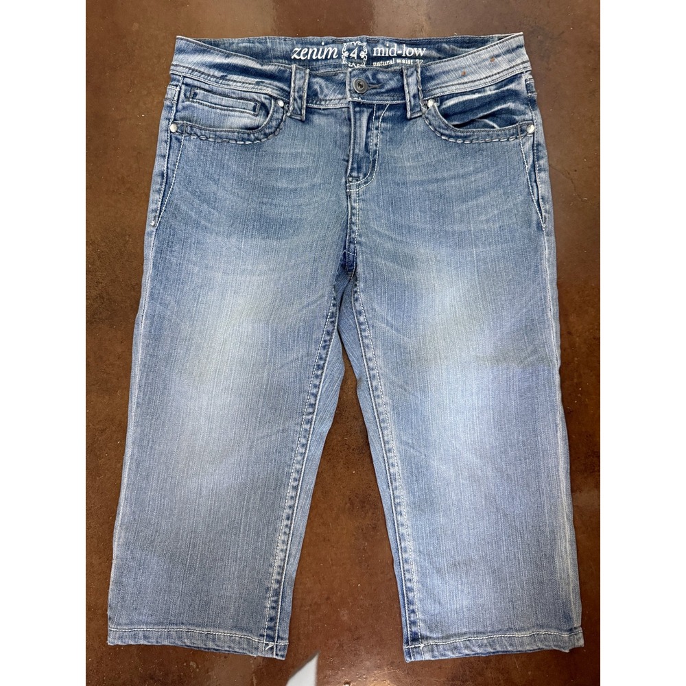 Y2K Zenim Mid-Low Rise Embellished Denim Jorts Med Wash 27 Waist Western Grunge